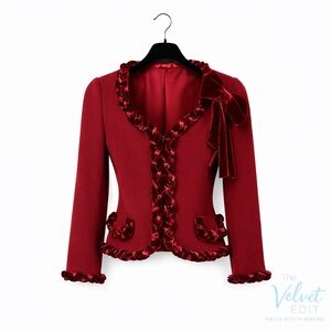 Teri Jon by Rickie Freeman Red Ruffle Trim Wool Blazer Size 4